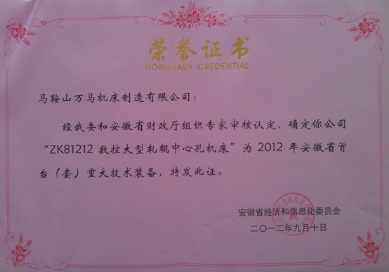 2012年安徽省首台重大技术装备